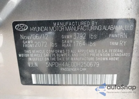 2013 Hyundai Elantra Limited z USA, uszkodzony, nr VIN 5NPDH4AE0DH250679